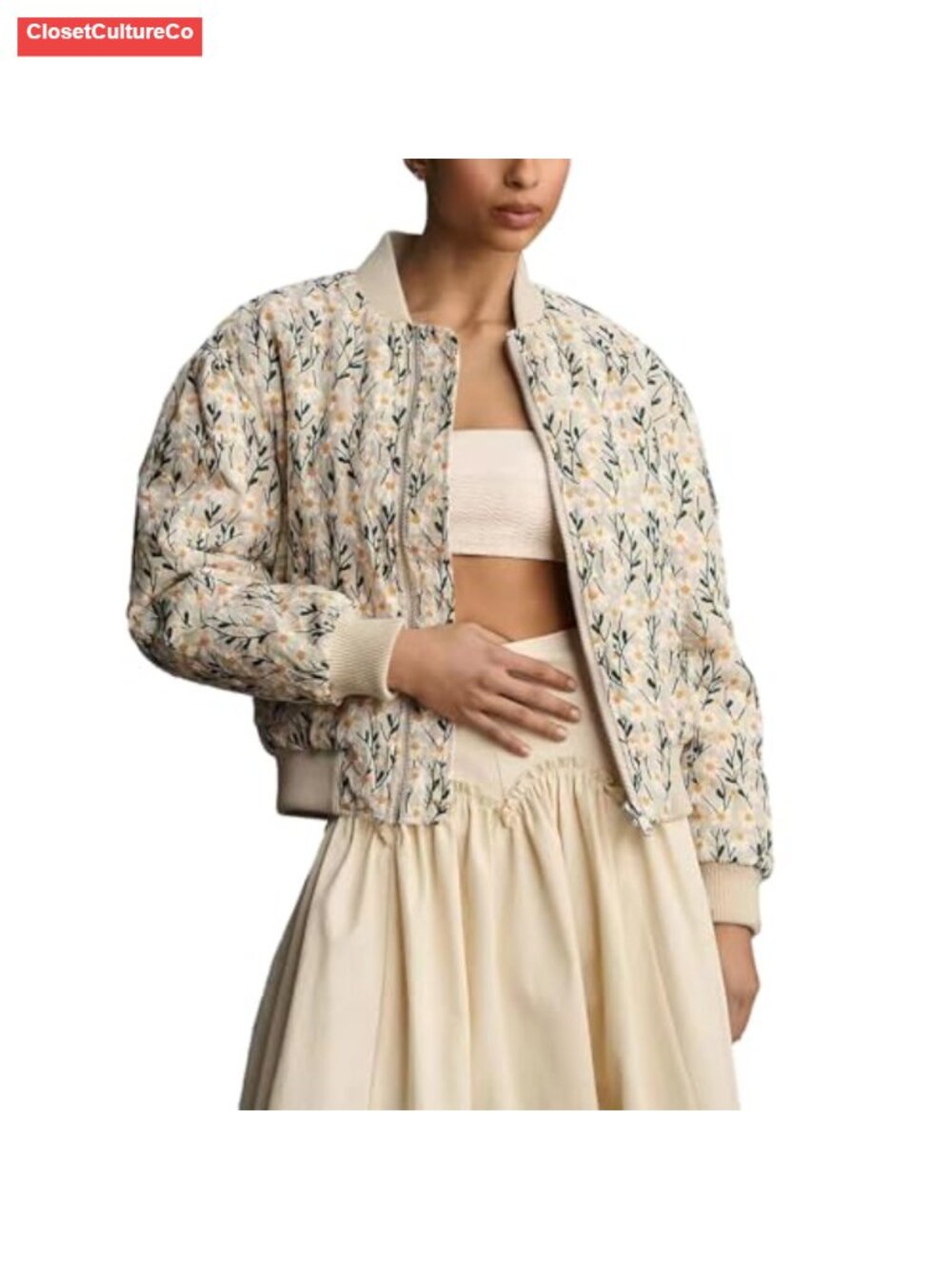 Shiyifa Embroidered Daisy Cropped Bomber Jacket Quilted Puffer Coat